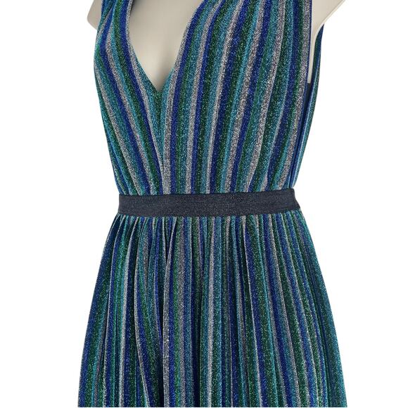 BCBGMaxAzria Metallic Striped Pleated Evening Gown Green Blue Size XXS - Picture 7 of 14